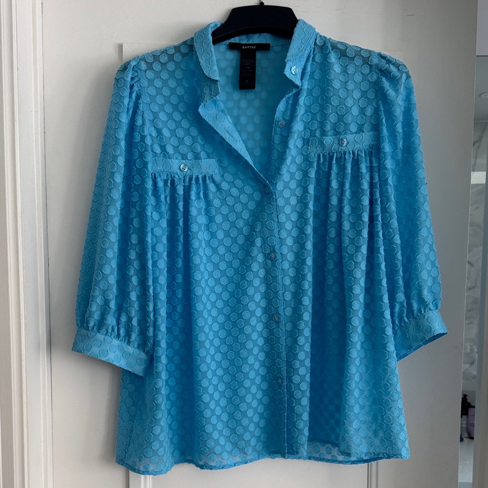 Smythe Turquoise Swiss Dot Button-Front Blouse